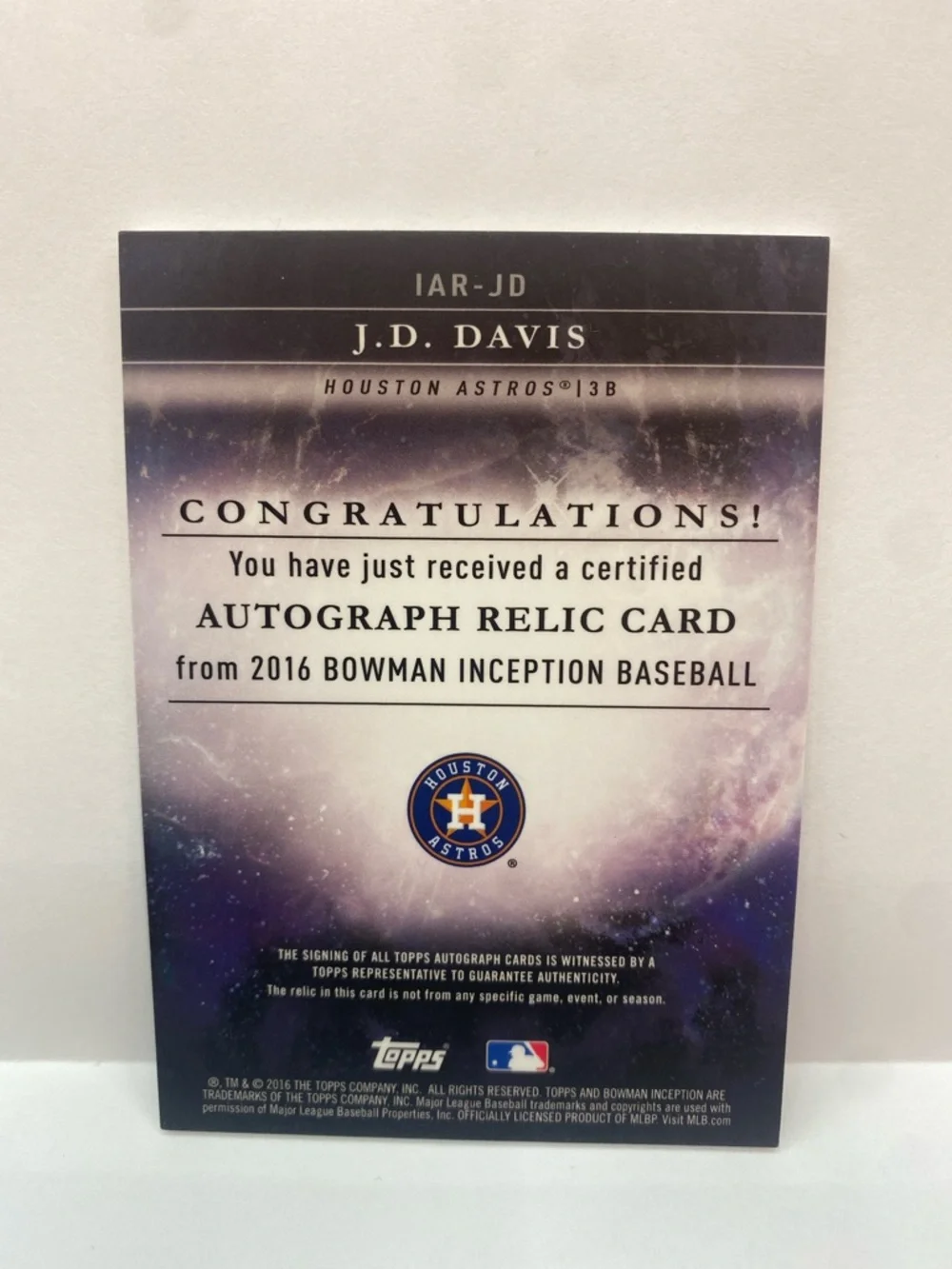 2016 Bowman Inception Patch Autograph JD Davis Astros #IAR-JD (086)